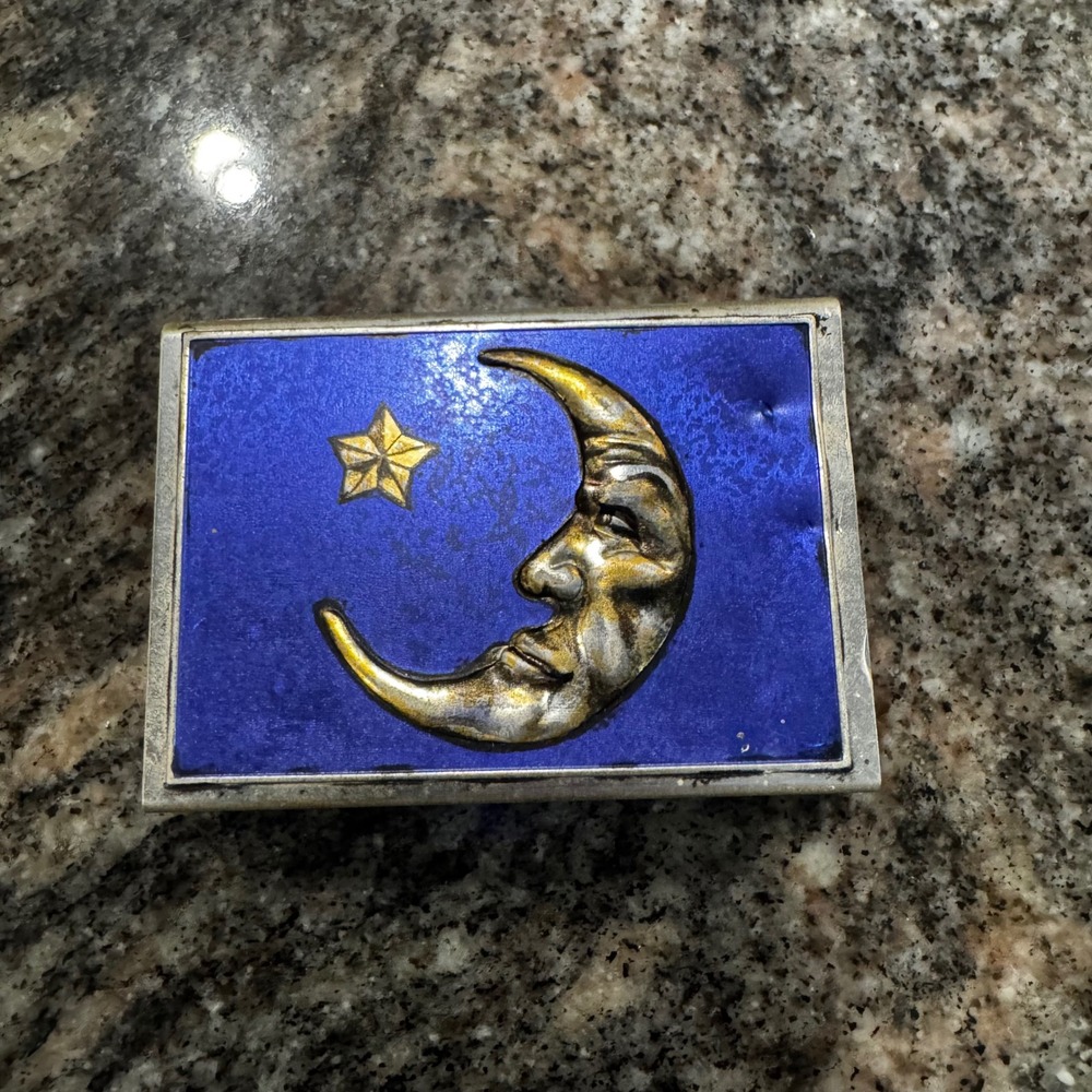 Silver Matchbox Cover Unisex OS Blue Celestial Sun Moon Star Metal Vintage